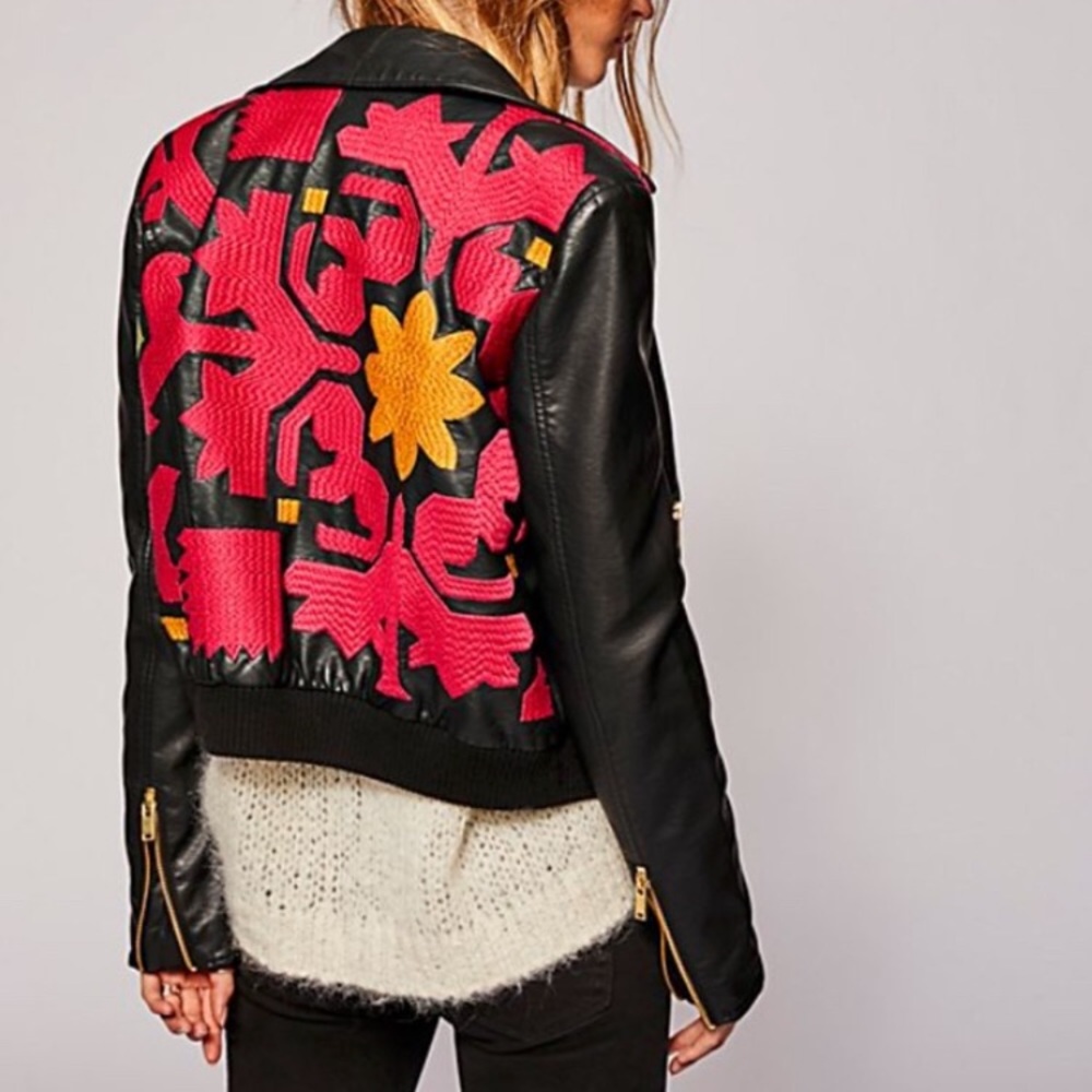 FREE PEOPLE embroidered vegan bomber jacket